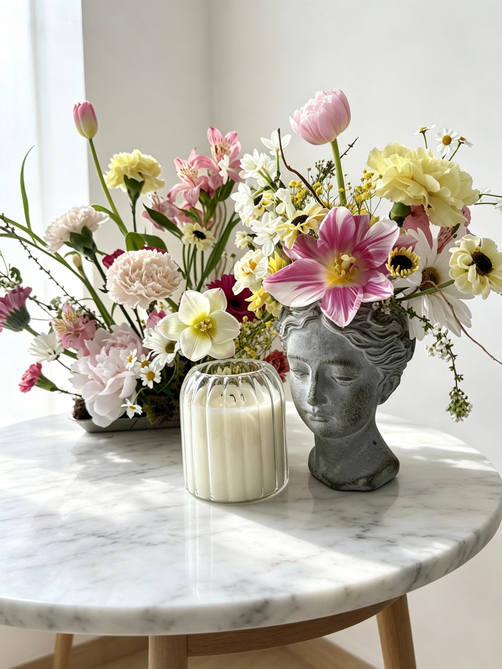 Custom statement arrangement in a goddess bust vase with tulips and lilies on a marble table, Poppy Meadow Calgary