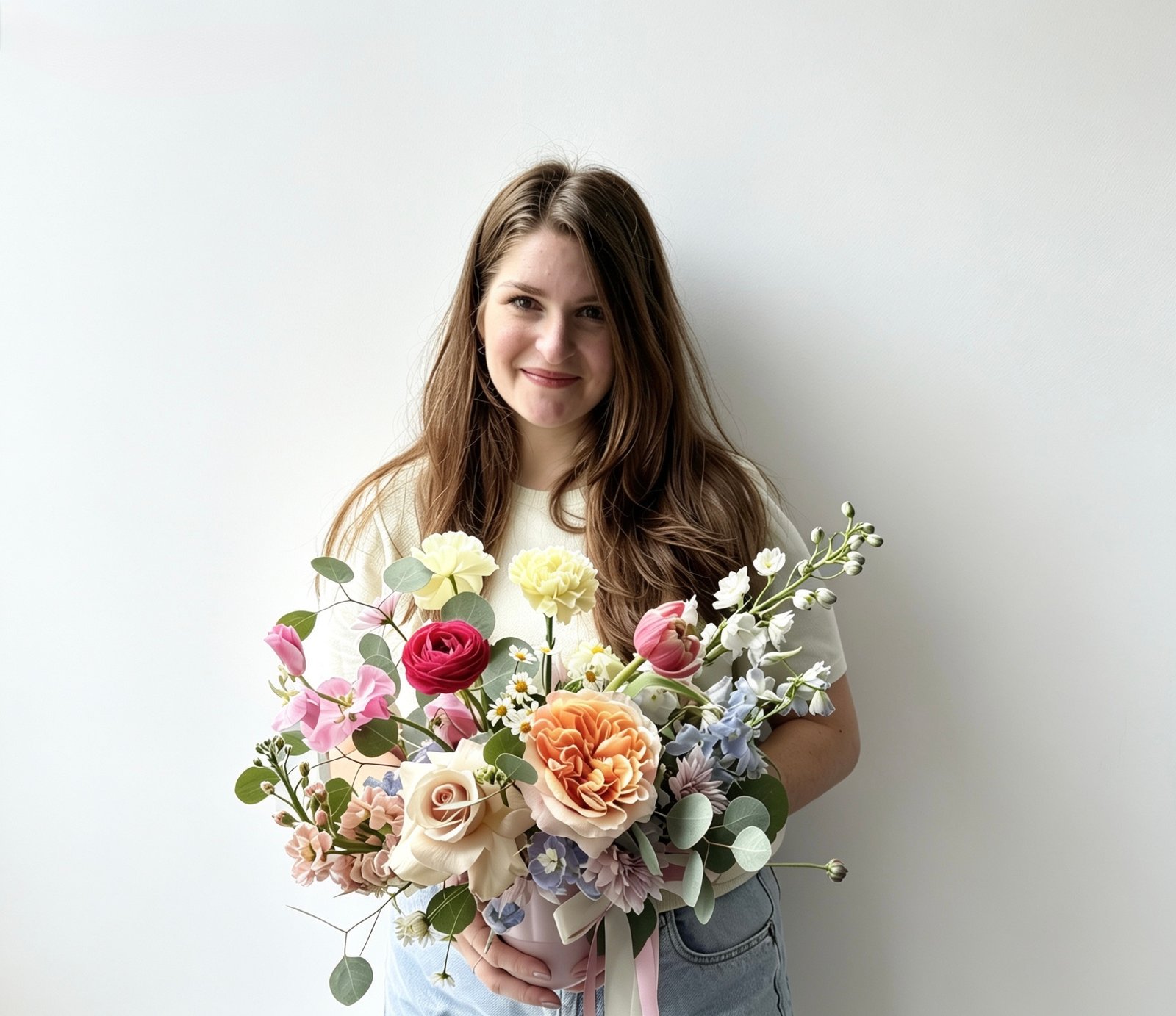 Calgary florist behind Poppy Meadow holding a soft pastel garden bouquet