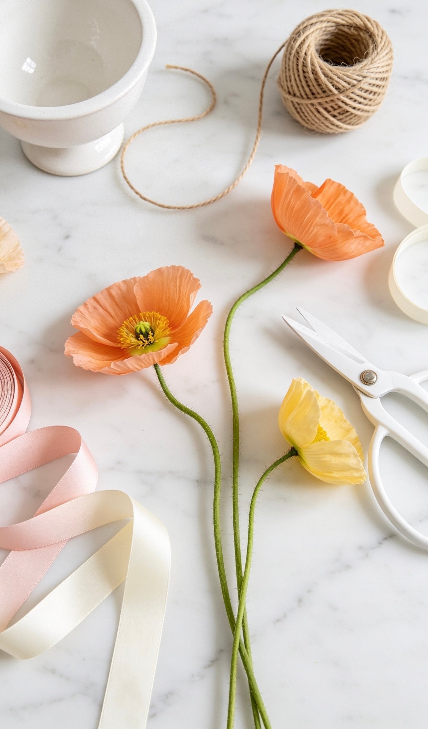 Poppies, twine, ribbon and scissors on a marble table at an Poppy Meadow floral workshop in Calgary