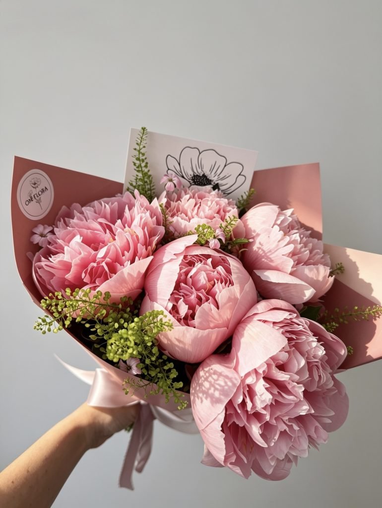 Hand-wrapped pink peony bouquet with the Poppy Meadow card, by a Calgary florist