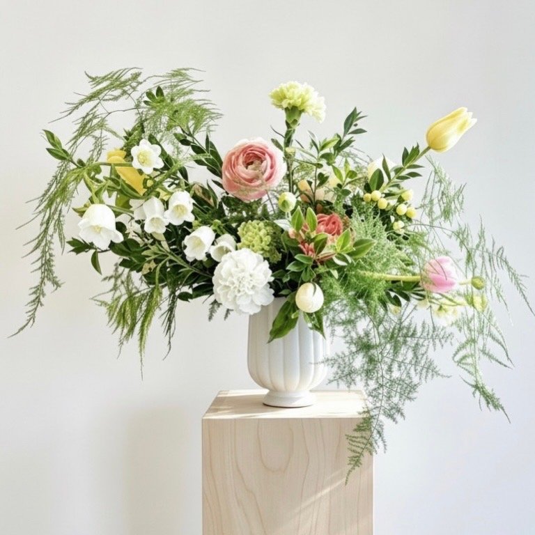 Garden-style urn arrangement with roses and trailing greenery by Poppy Meadow Calgary