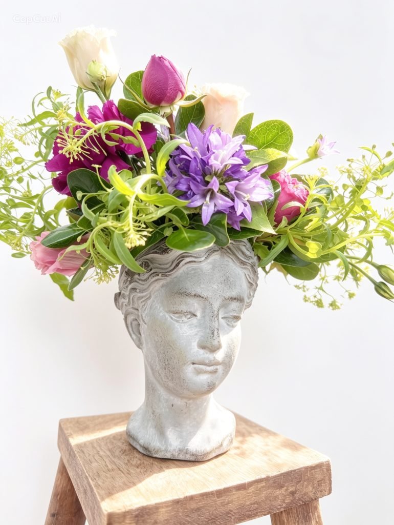 Sculptural bust vase filled with bright garden flowers