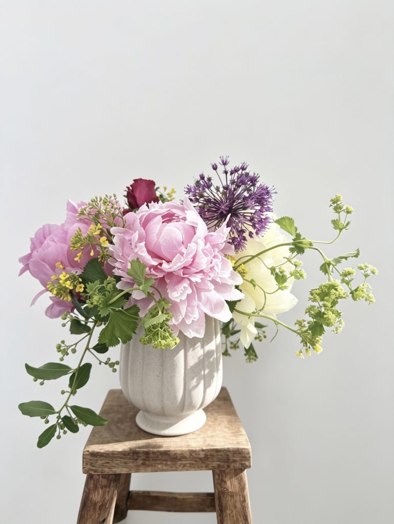 Spring pastel bouquet with peonies and ranunculus