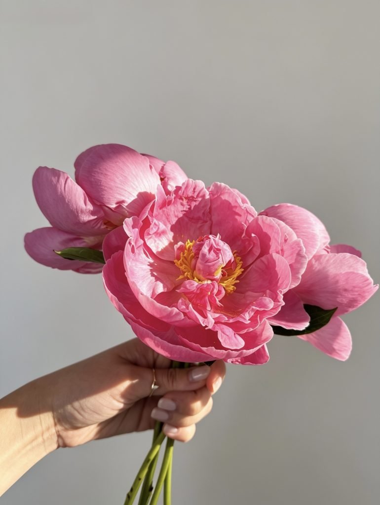 Coral pink peony bouquet held in hand by Poppy Meadow, a garden-style florist in Calgary