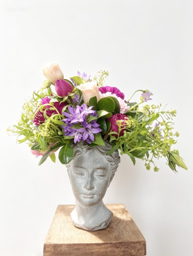Goddess bust vase with a lush seasonal flower arrangement