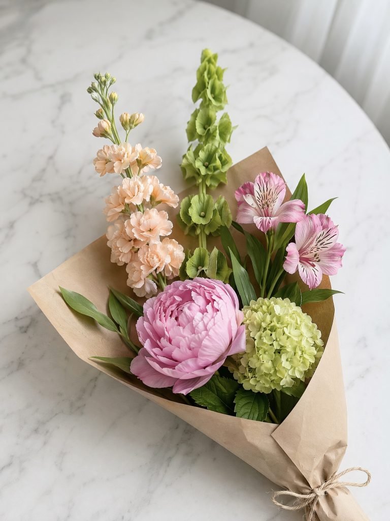 Seasonal flower drop with peony and hydrangea bouquet on marble